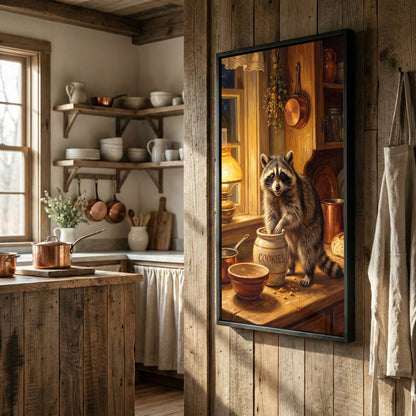 Raccoon in Rustic Kitchen Stealing Cookies Warm Light Canvas Wall Art