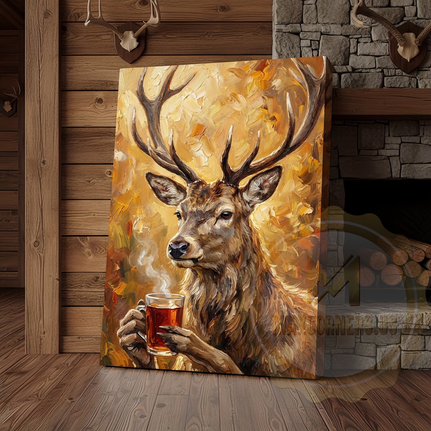 Beer Drinking Deer Canvas Art - Autumn Palette Wildlife Humor Print