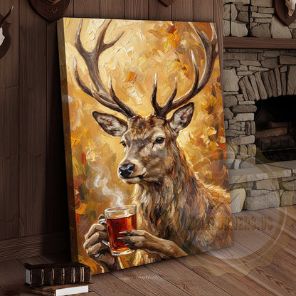 Beer Drinking Deer Canvas Art - Autumn Palette Wildlife Humor Print