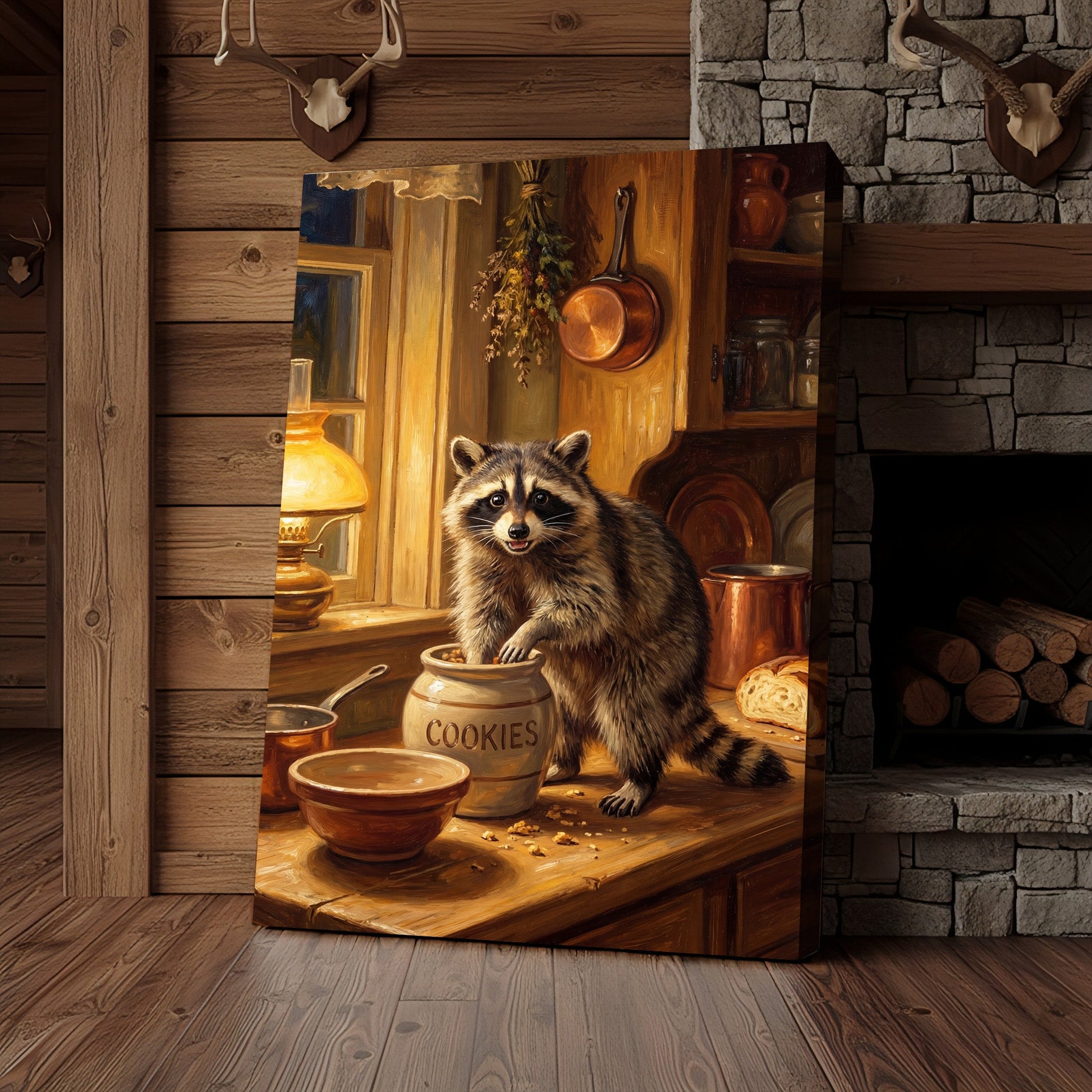 Raccoon in Rustic Kitchen Stealing Cookies Warm Light Canvas Wall Art