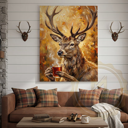 Beer Drinking Deer Canvas Art - Autumn Palette Wildlife Humor Print