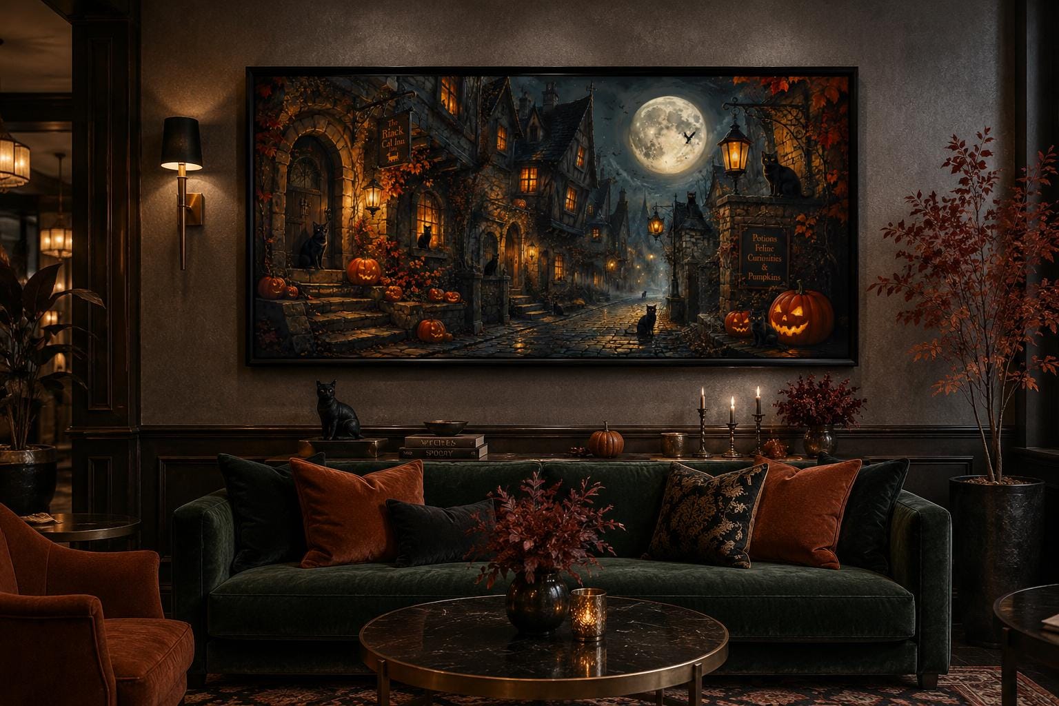 Halloween Village Canvas | Gothic Wall Art With Black Cat & Full Moon Scene