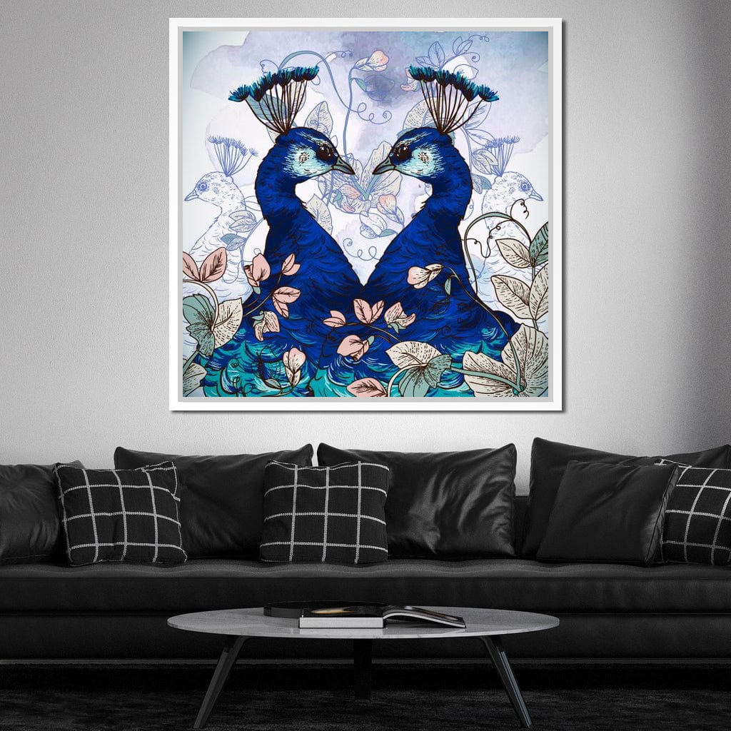Blue Floral Peacocks Canvas Wall Art