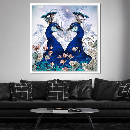 Blue Floral Peacocks Canvas Wall Art