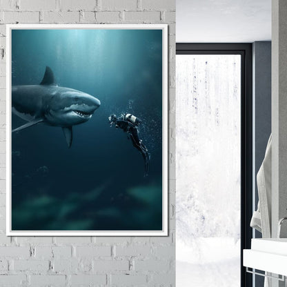 Shark Meets Diver Canvas Wall Art