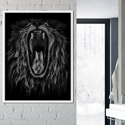 Black and White Roaring Lion Canvas Wall Art