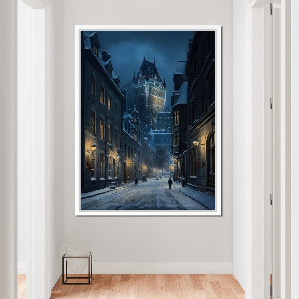 Quebec City Street On a Winter Night Canvas Wall Art