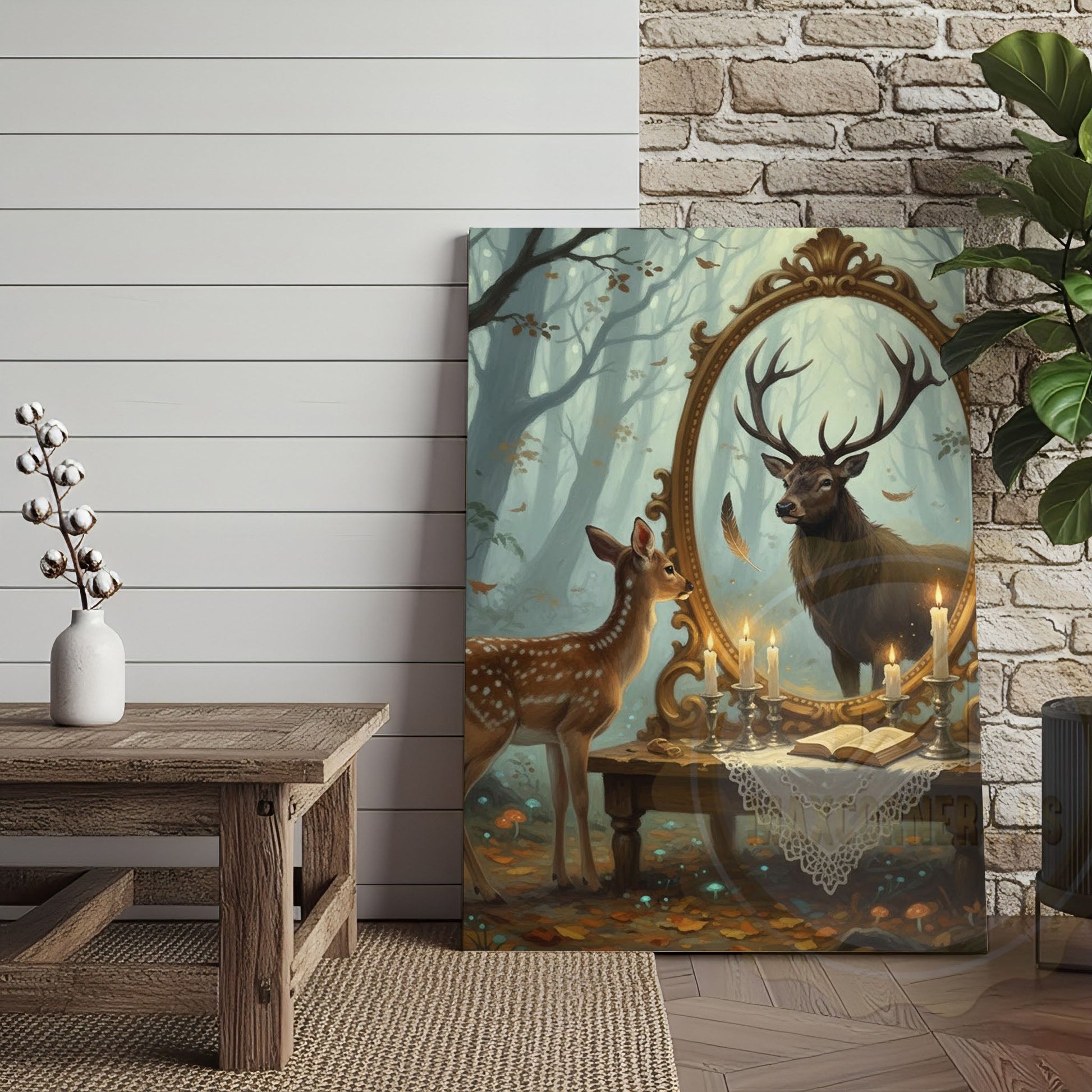 Deer Fawn Looking in Magic Mirror Forest Scene Wrapped Canvas