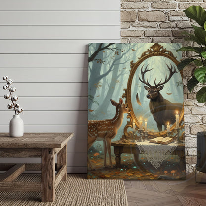 Deer Fawn Looking in Magic Mirror Forest Scene Wrapped Canvas