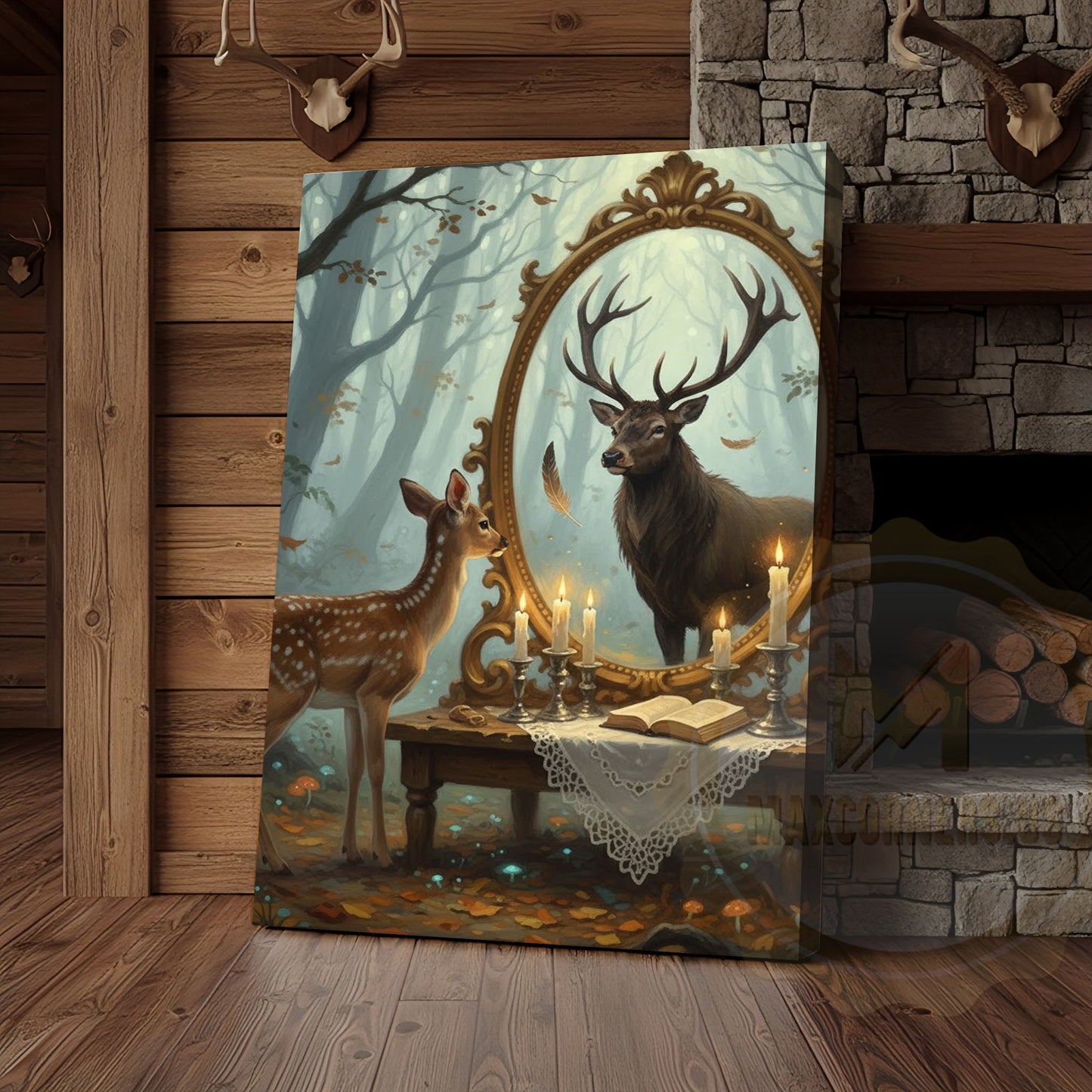 Deer Fawn Looking in Magic Mirror Forest Scene Wrapped Canvas