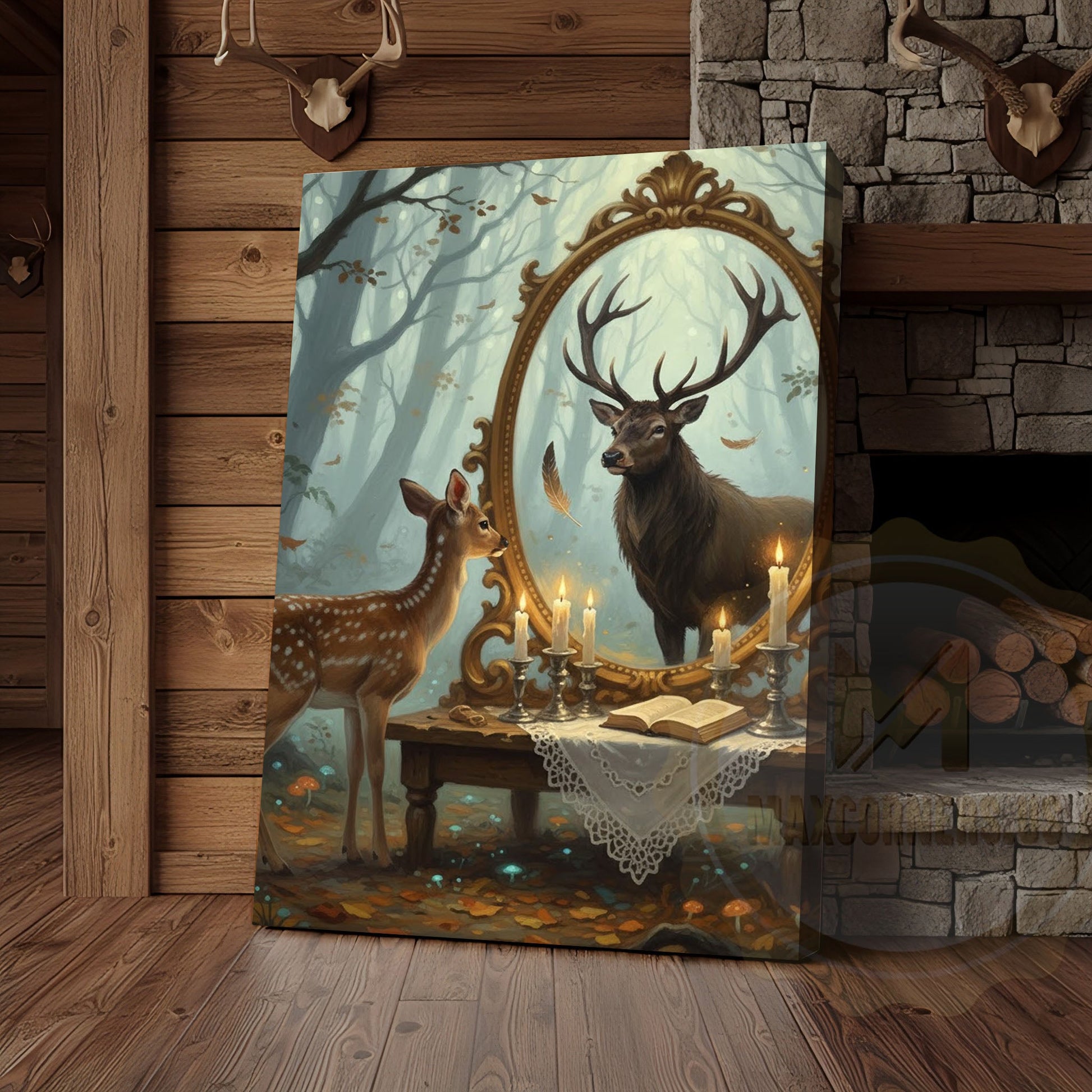 Deer Fawn Looking in Magic Mirror Forest Scene Wrapped Canvas
