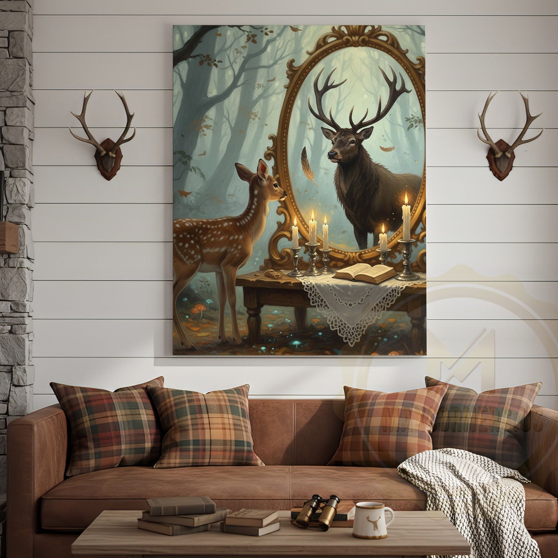 Deer Fawn Looking in Magic Mirror Forest Scene Wrapped Canvas