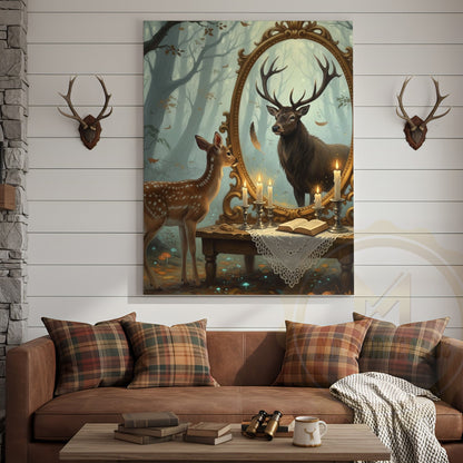 Deer Fawn Looking in Magic Mirror Forest Scene Wrapped Canvas