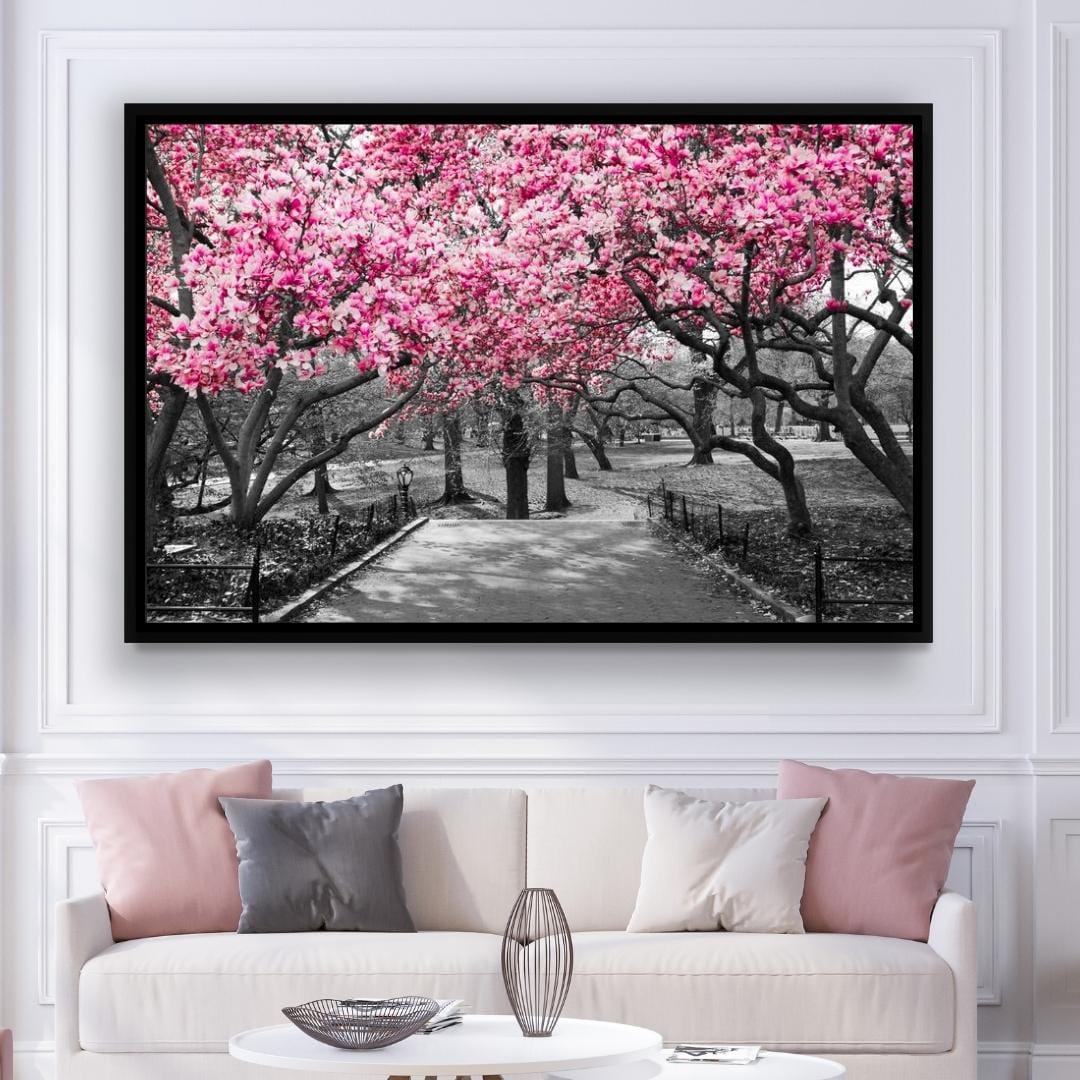 Pink Blossoms in Black and White Canvas Wall Art