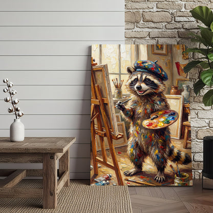 Artist Raccoon Painting on Easel Creative Studio Art Canvas Wall Art