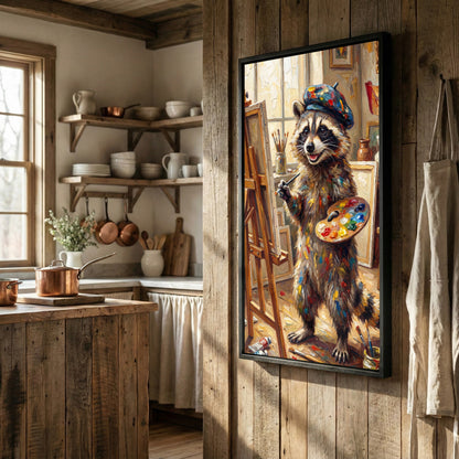 Artist Raccoon Painting on Easel Creative Studio Art Canvas Wall Art