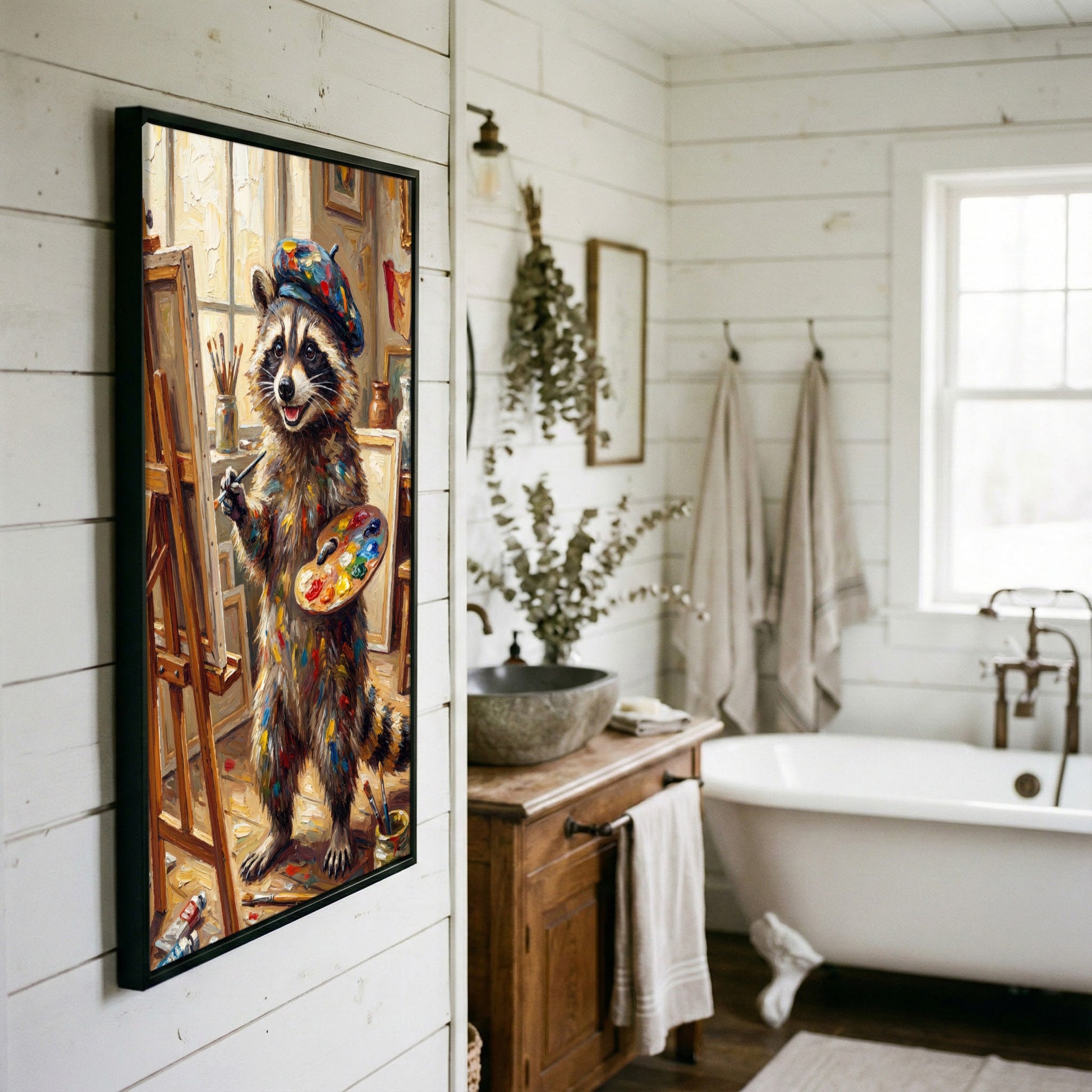 Artist Raccoon Painting on Easel Creative Studio Art Canvas Wall Art