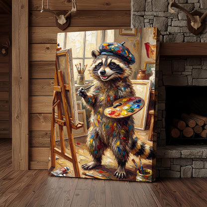 Artist Raccoon Painting on Easel Creative Studio Art Canvas Wall Art