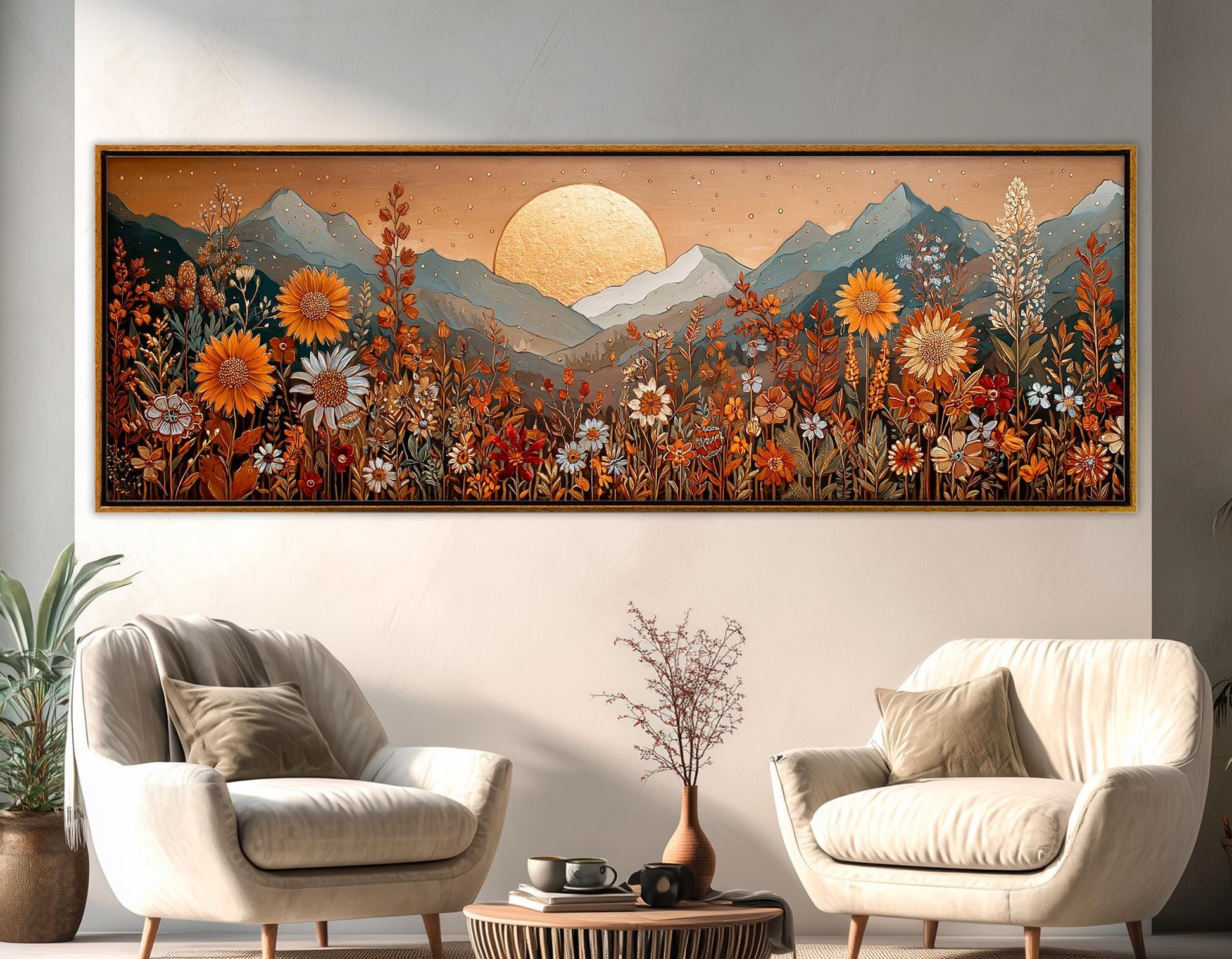 Boho Mountain Landscape - Earthy Wildflower Art | Framed Canvas Print in Warm Colors