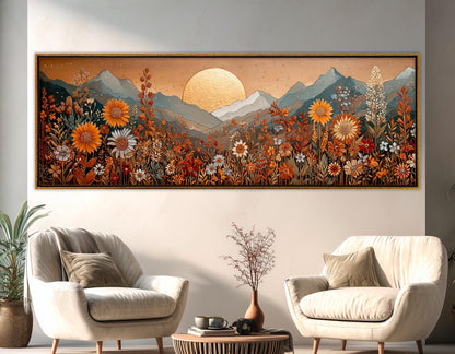Boho Mountain Landscape - Earthy Wildflower Art | Framed Canvas Print in Warm Colors