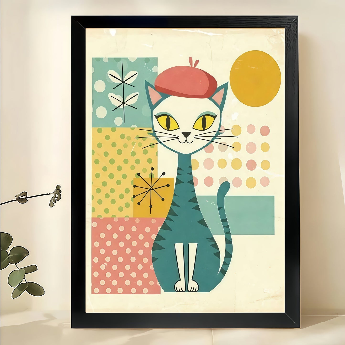 Mid-Century Cat with Red Beret Wall Art – Retro Geometric Cat Canvas Print on Natural Wood Frame