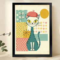 Mid-Century Cat with Red Beret Wall Art – Retro Geometric Cat Canvas Print on Natural Wood Frame
