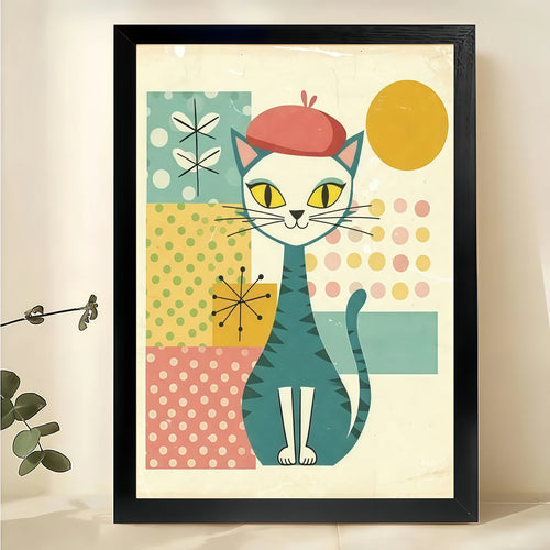 Mid-Century Cat with Red Beret Wall Art – Retro Geometric Cat Canvas Print on Natural Wood Frame