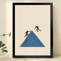 Two Figures on Blue Pyramid – Minimalist Abstract Wall Art on Natural Wood Canvas