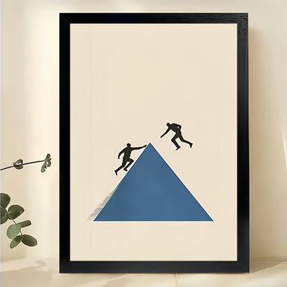 Two Figures on Blue Pyramid – Minimalist Abstract Wall Art on Natural Wood Canvas