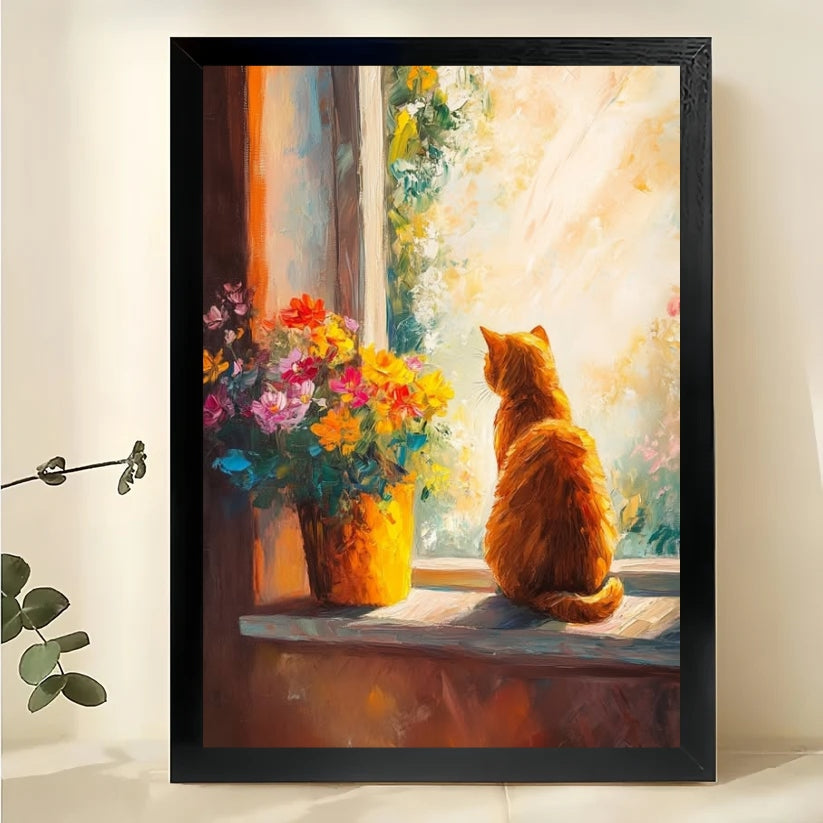 Ginger Cat at Window – Cozy Oil Painting Style Wall Art on Natural Wood Canvas