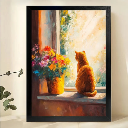 Ginger Cat at Window – Cozy Oil Painting Style Wall Art on Natural Wood Canvas