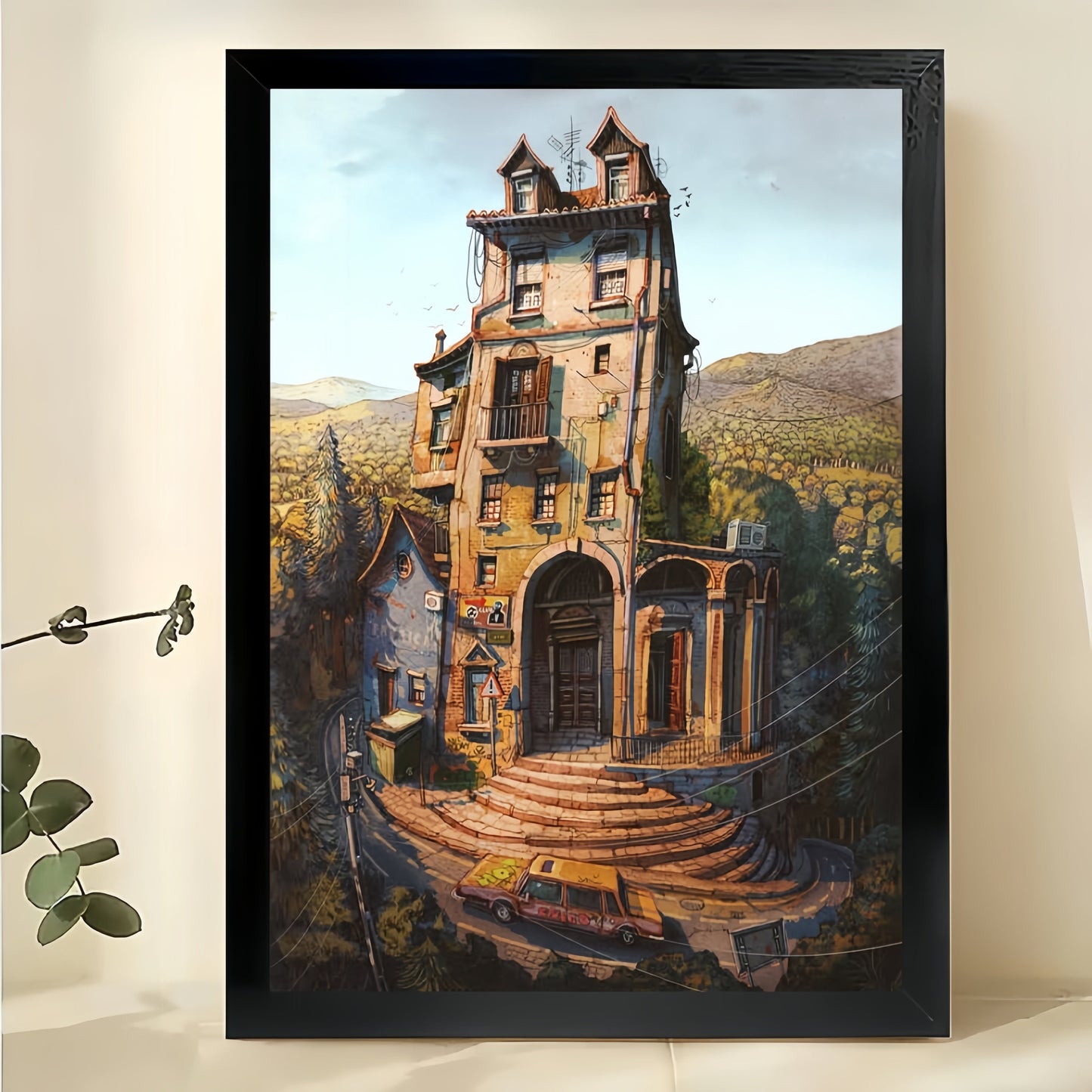 The Surreal Vintage Castle – Dreamy Fantasy Wall Art on Natural Wood Canvas