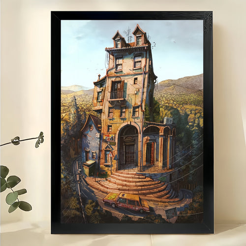 The Surreal Vintage Castle – Dreamy Fantasy Wall Art on Natural Wood Canvas