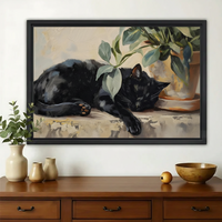 Sleeping Black Cat with Greenery – Vintage Oil Painting Style Wall Art on Natural Wood Canvas