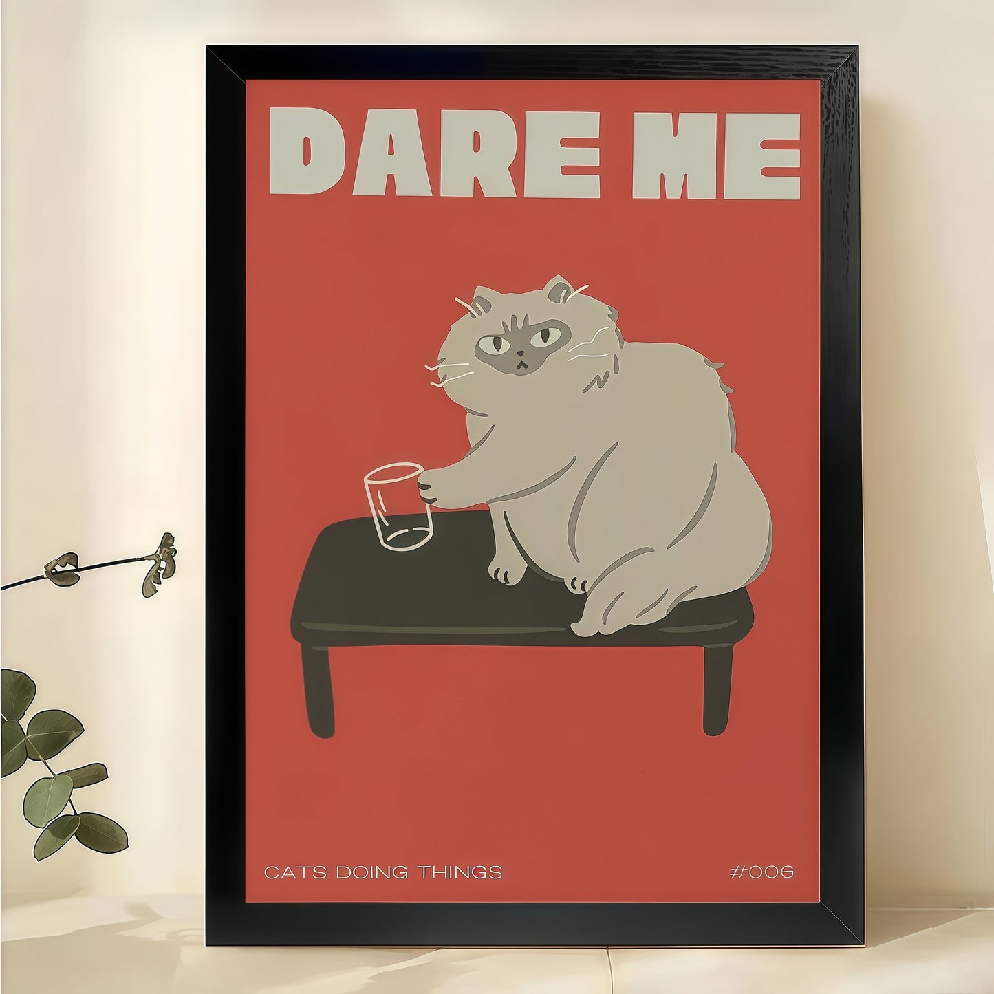 Dare Me Cat & Mouse – Playful Retro Quote Wall Art on Natural Wood Canvas