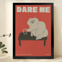 Dare Me Cat & Mouse – Playful Retro Quote Wall Art on Natural Wood Canvas