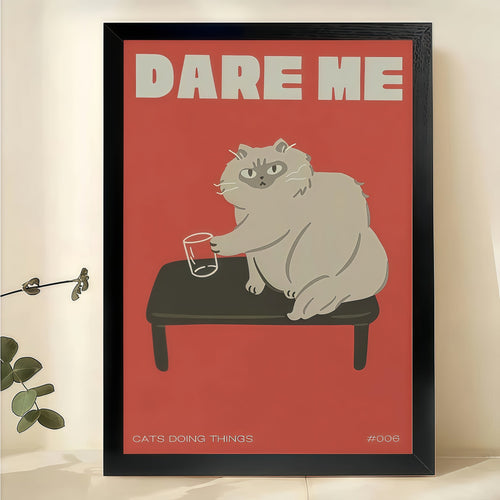 Dare Me Cat & Mouse – Playful Retro Quote Wall Art on Natural Wood Canvas