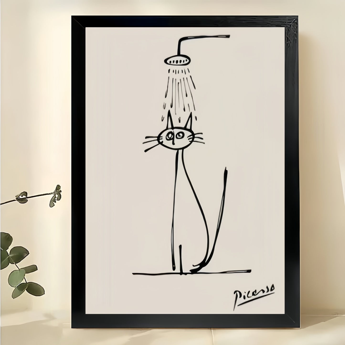 Minimalist Cat Shower Line Art Print | Funny Bathroom Wall Decor Pet Lover Gift Canvas Wall Art
