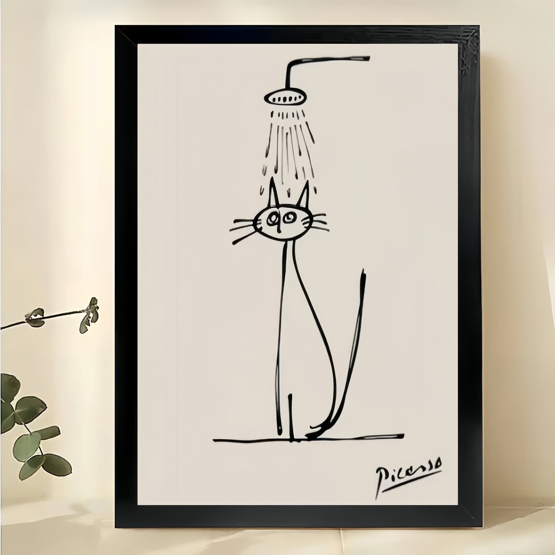 Minimalist Cat Shower Line Art Print | Funny Bathroom Wall Decor Pet Lover Gift Canvas Wall Art