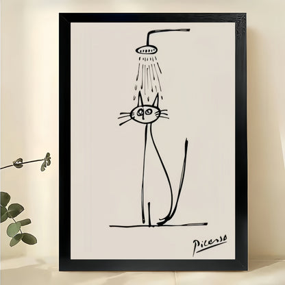 Minimalist Cat Shower Line Art Print | Funny Bathroom Wall Decor Pet Lover Gift Canvas Wall Art