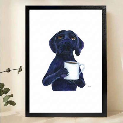 Black Labrador with Coffee Mug Wall Art – Whimsical Pet Dog Framed Canvas Print