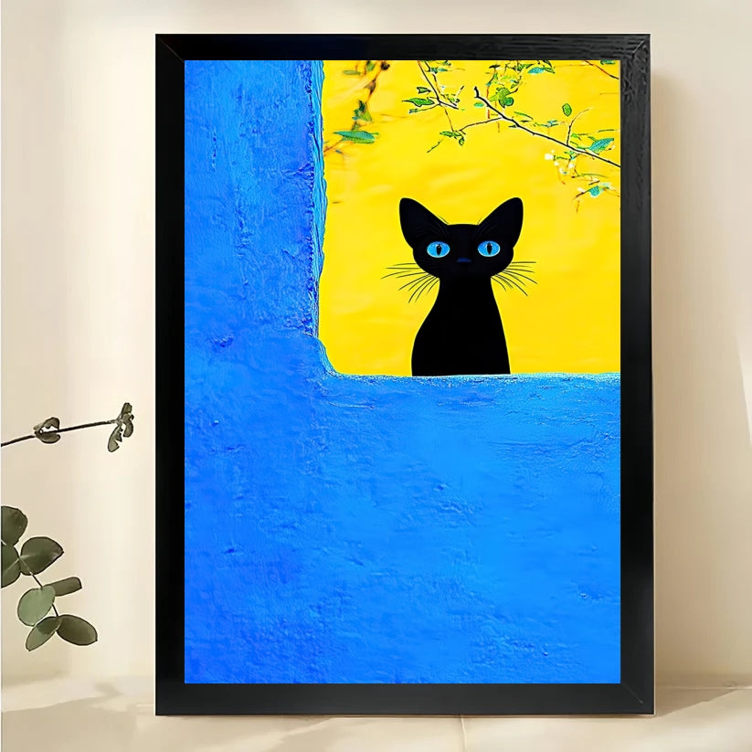 Vibrant Blue & Yellow Black Cat Wall Art – Whimsical Abstract Cat Canvas Print on Natural Wood Frame