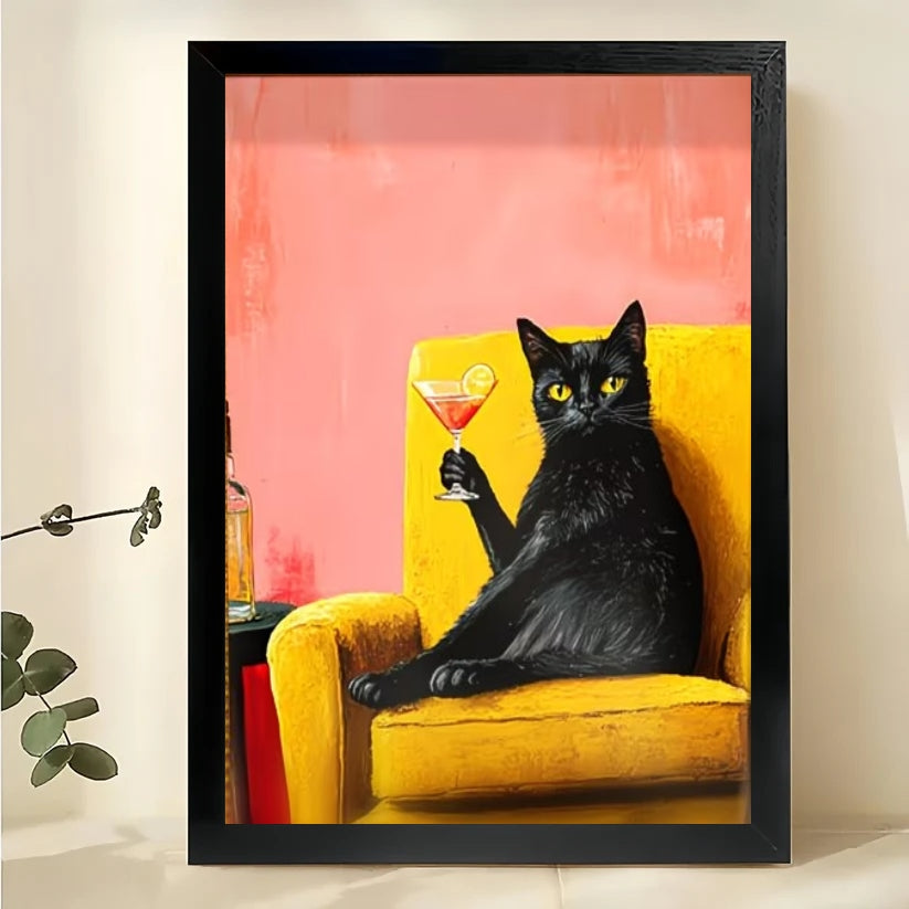 Retro Black Cat with Wine – Luxe Whimsical Wall Art on Natural Wood Canvas