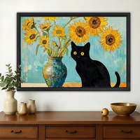 Black Cat with Sunflowers – Van Gogh Inspired Cat Wall Art on Natural Wood Canvas
