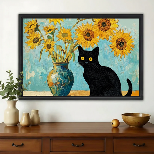 Black Cat with Sunflowers – Van Gogh Inspired Cat Wall Art on Natural Wood Canvas
