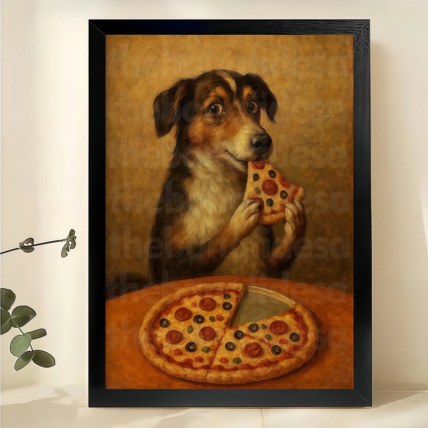 Vintage Dog Eating Pizza – Humorous Still Life Wall Art on Natural Wood Canvas
