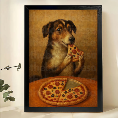 Vintage Dog Eating Pizza – Humorous Still Life Wall Art on Natural Wood Canvas