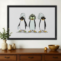 Self-Care Spa Penguins Wall Art – Whimsical Funny Penguin Canvas Print on Natural Wood Frame