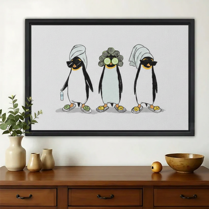 Self-Care Spa Penguins Wall Art – Whimsical Funny Penguin Canvas Print on Natural Wood Frame