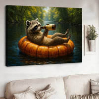 Funny Drunk Raccoon Canvas Wall Art – Chill Gift for Men, Husband, or Hunter, Rustic Cabin Decor